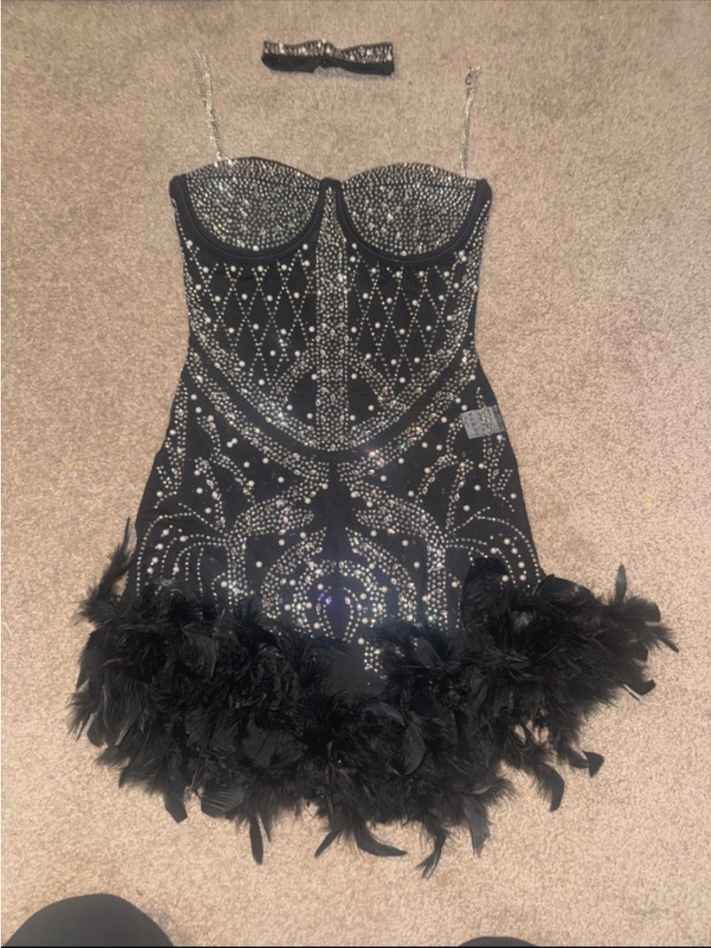 Black Embellished Feather Hem Party shorts romper